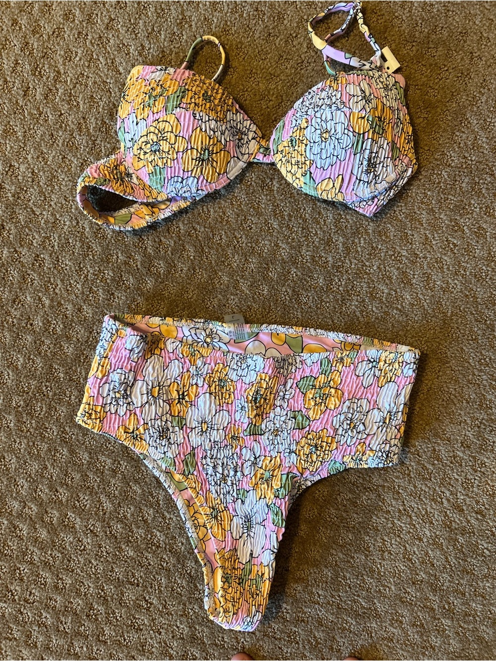 Floral Smocked Bikini Set in Pastel Pink, Yellow & Blue
